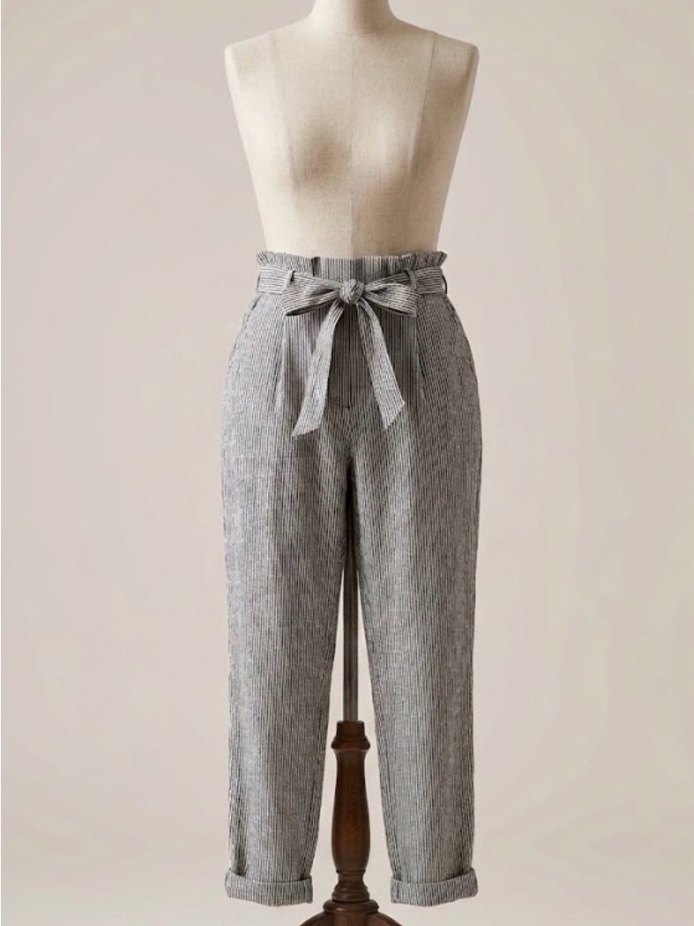 Max Studio Linen Blend Striped Paperbag Pants Tapered High Rise Coastal M READ